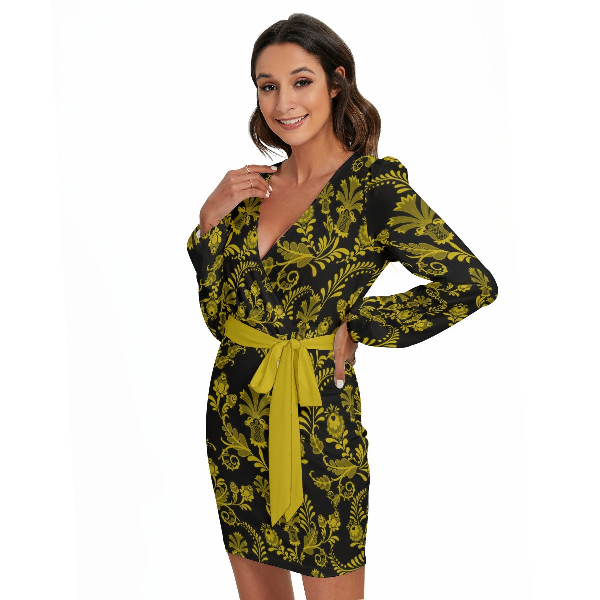 Women's Long Sleeve Elegant Flowers Dress With Waist Belt