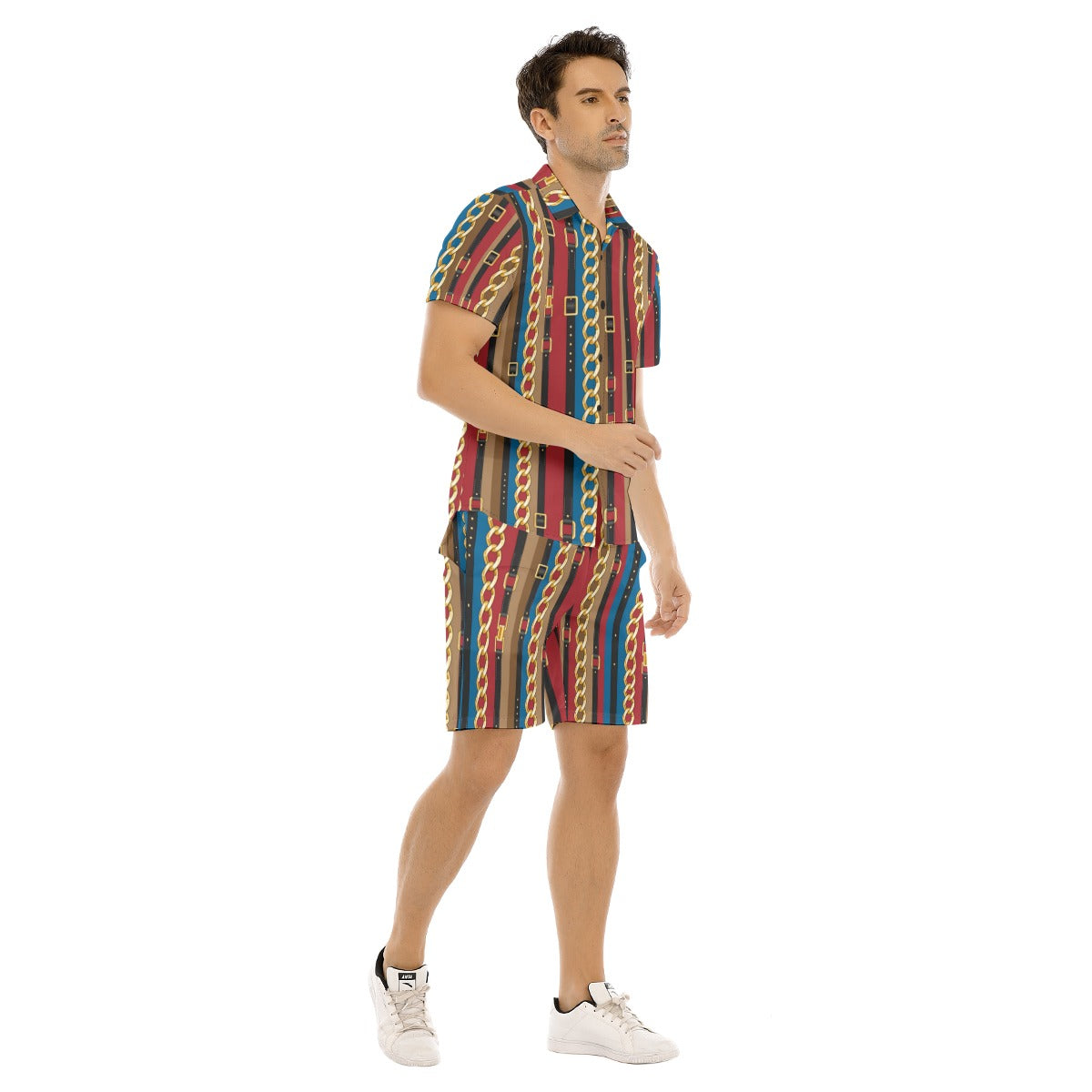 Men's Belt and Chains Short Sleeve Shirt Set
