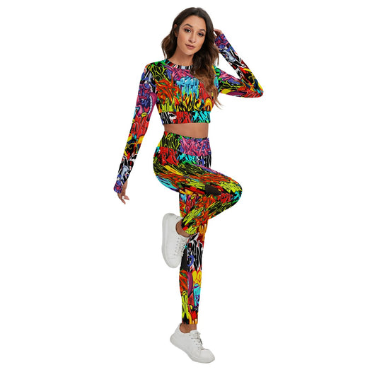 Graffiti Style Women's Sport Set With Backless Top And Leggings