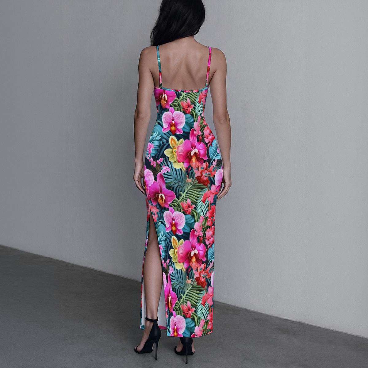 Women's Exotic Orchid Flowers Long Dress with Slit