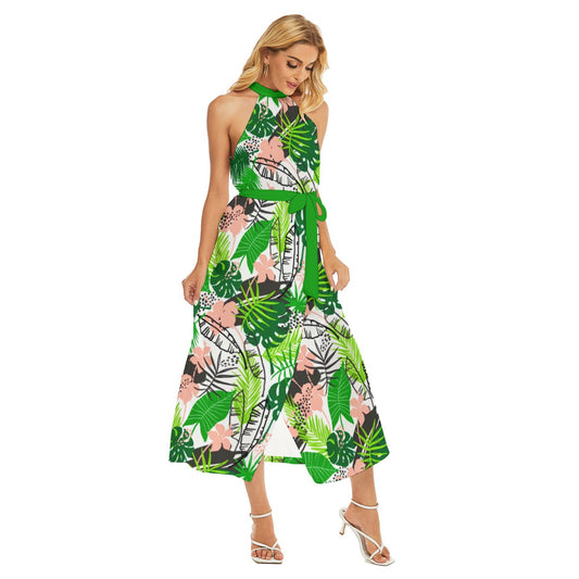 Women's Tropic Summer Vibes Wrap Hem Belted Halter Dress