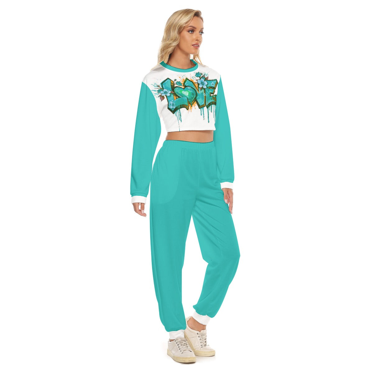 Women's Love Graffiti Style Crop Sweatshirt Suit