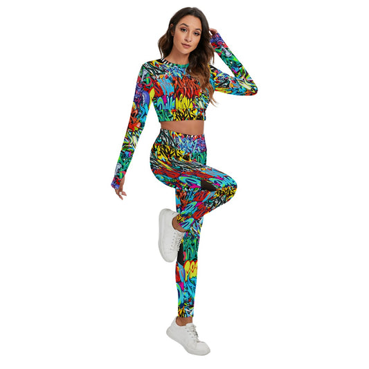 Graffiti Style Women's Sport Set With Backless Top And Leggings