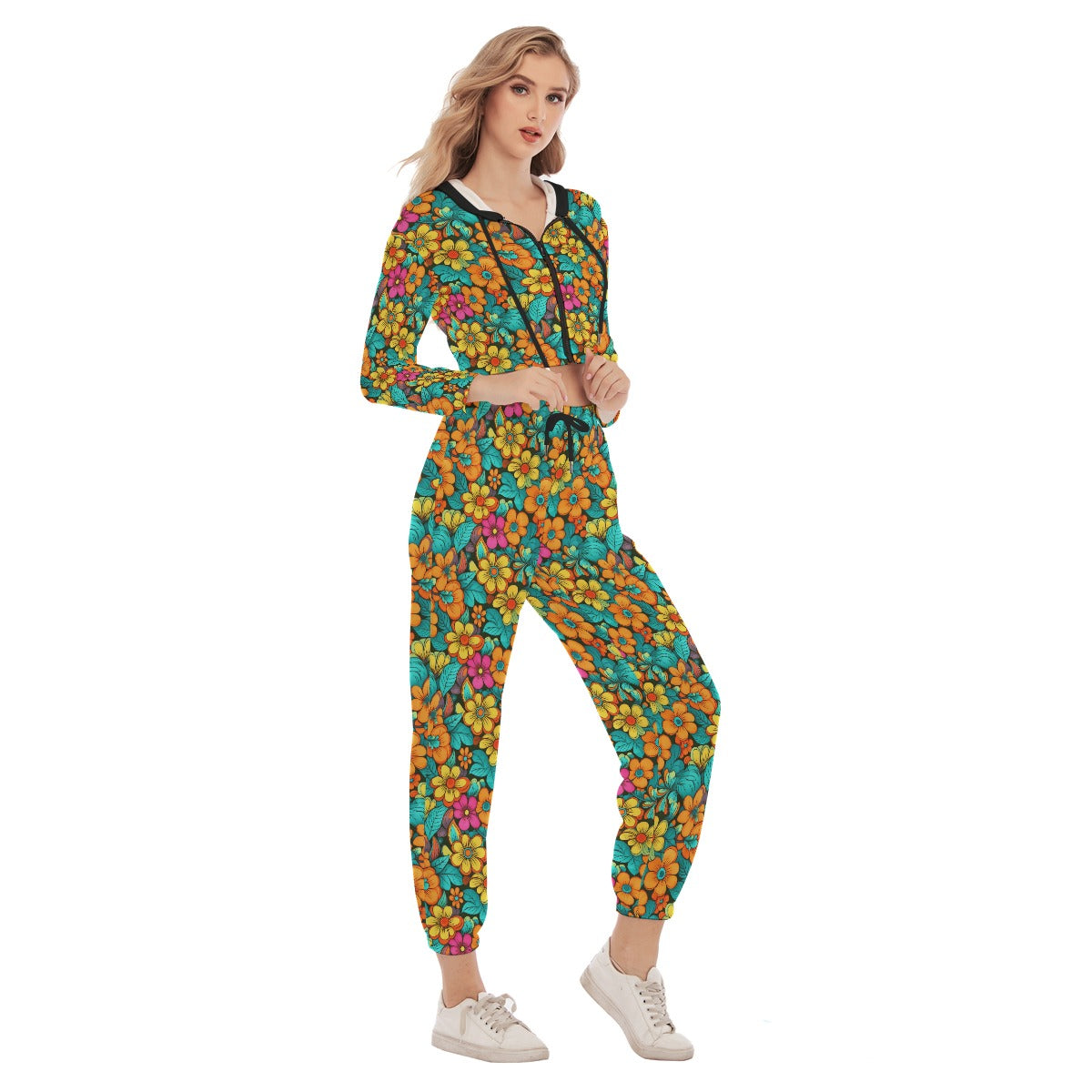 Women's Groovy Retro Crop Hoodie Sports Set