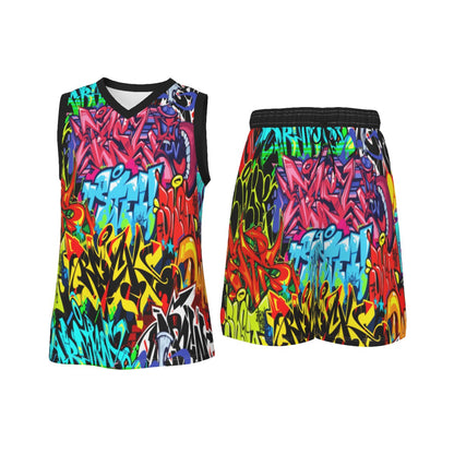 Graffiti Style Men's V Neck Basketball Suit