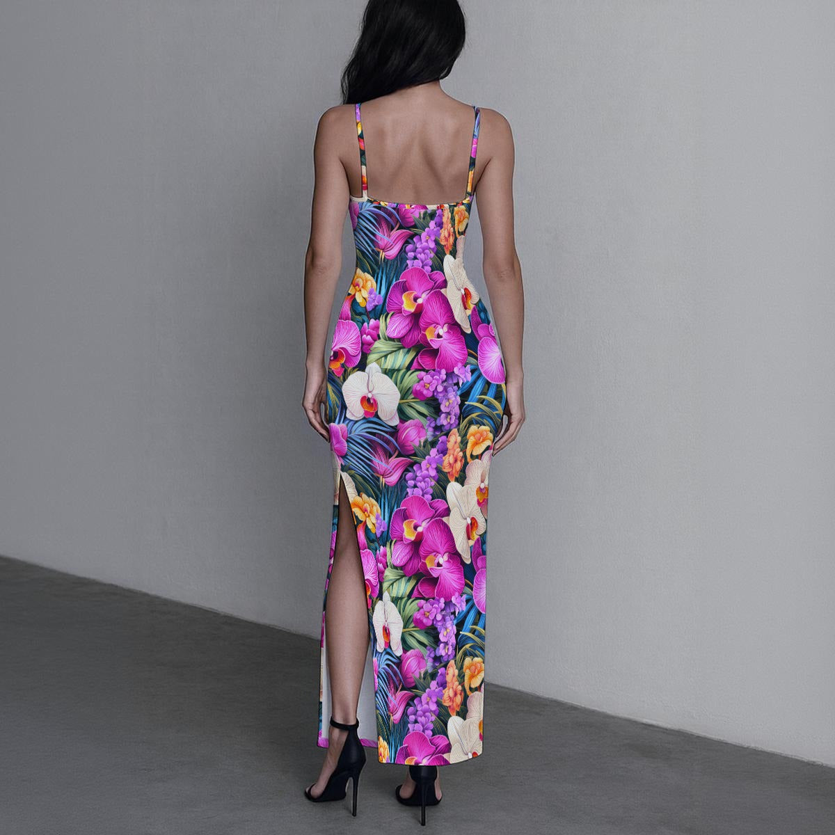 Women's Exotic Orchid Flowers Long Dress with Slit