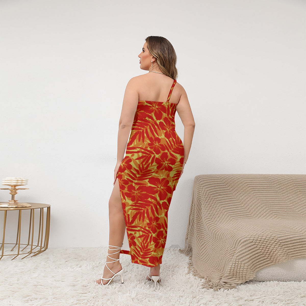 Women's Beach Vibes Oblique-Shoulder Exposure Dress With Side Split (Plus Size)