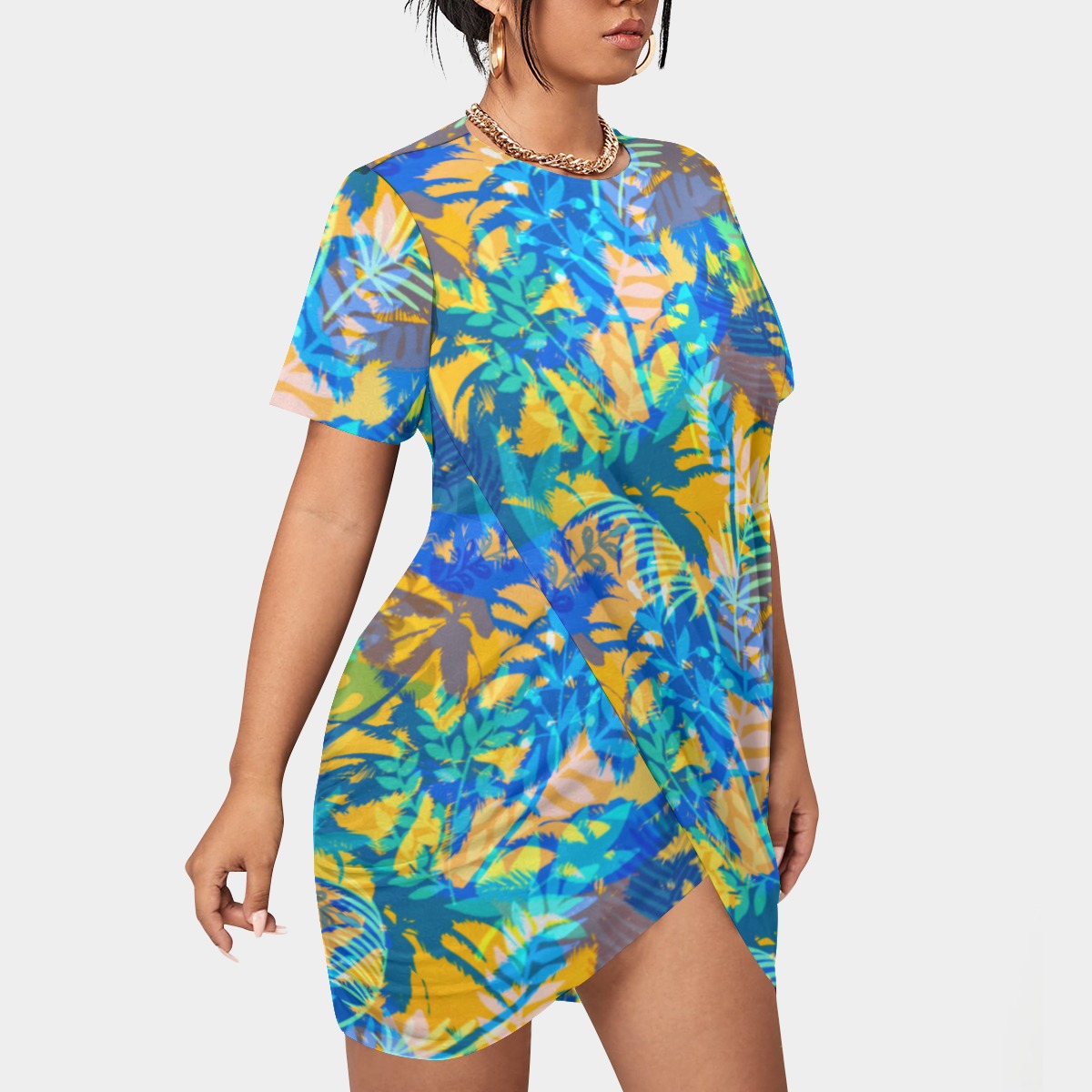 Women's Tropic Summer Vibes Stacked Hem Dress With Short Sleeve（Plus Size）
