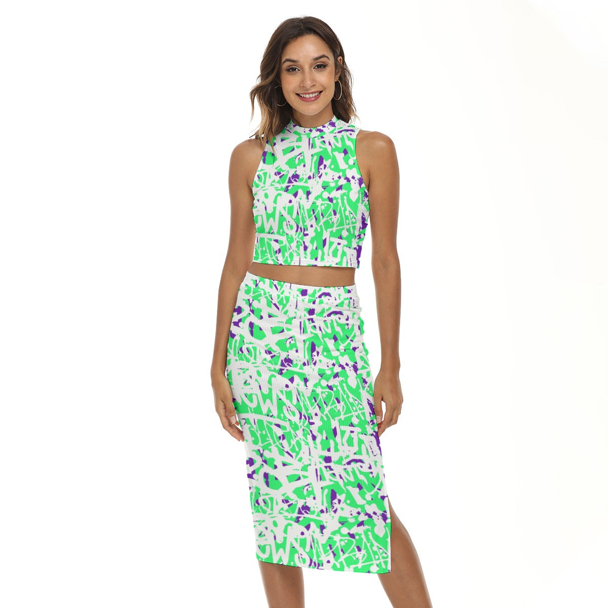 Graffiti Style Women's Tank Top & Split High Skirt Set