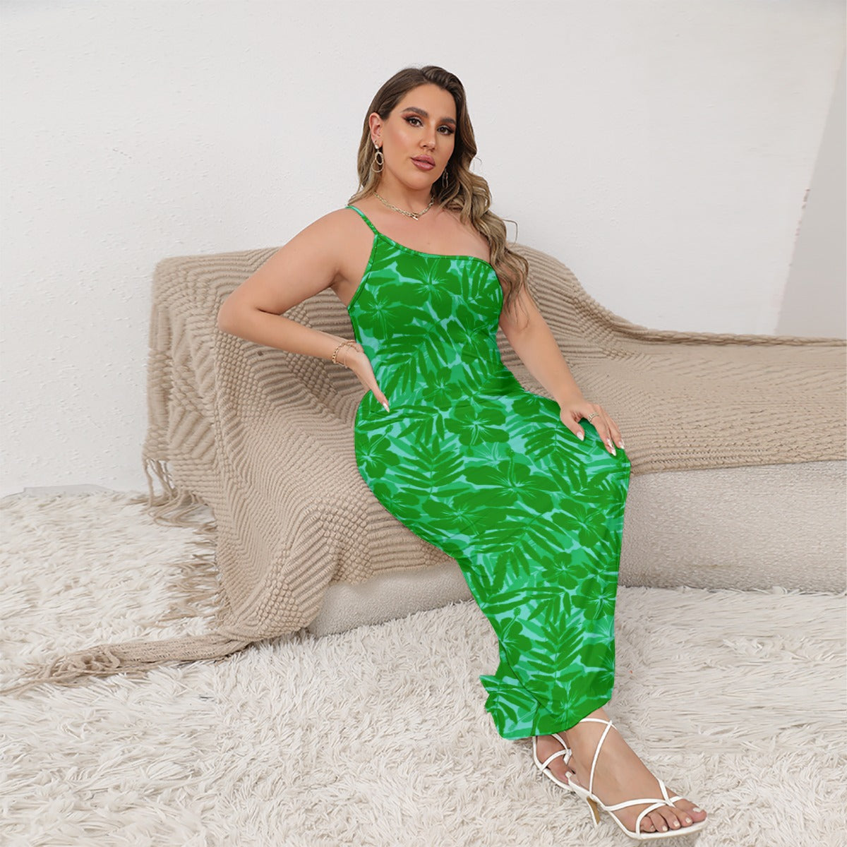 Women's Beach Vibes Oblique-Shoulder Exposure Dress With Side Split (Plus Size)
