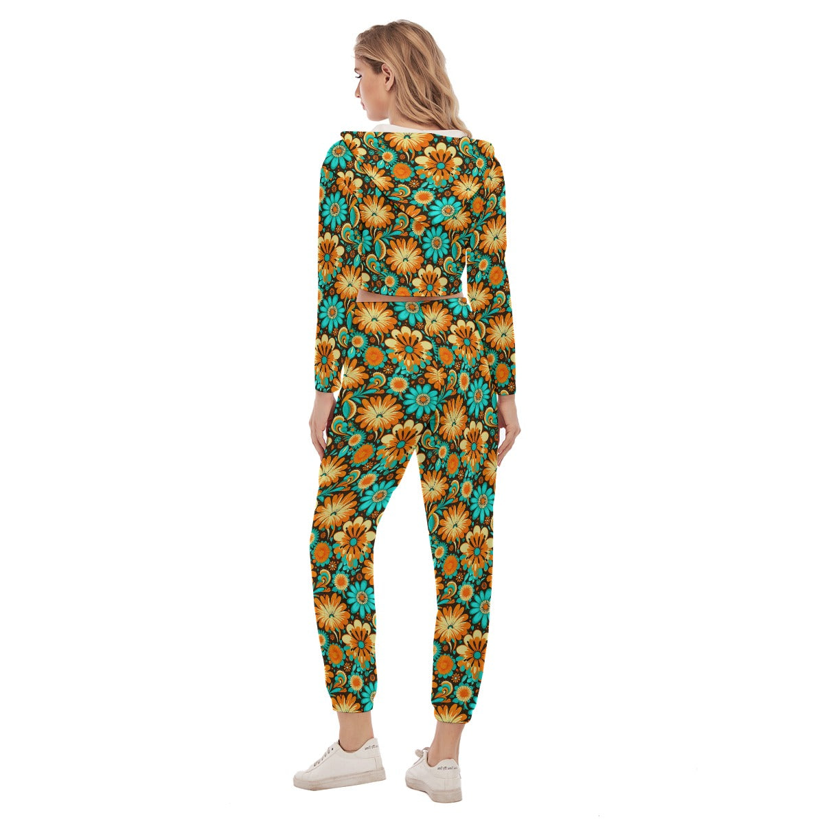 Women's Groovy Retro Crop Hoodie Sports Set