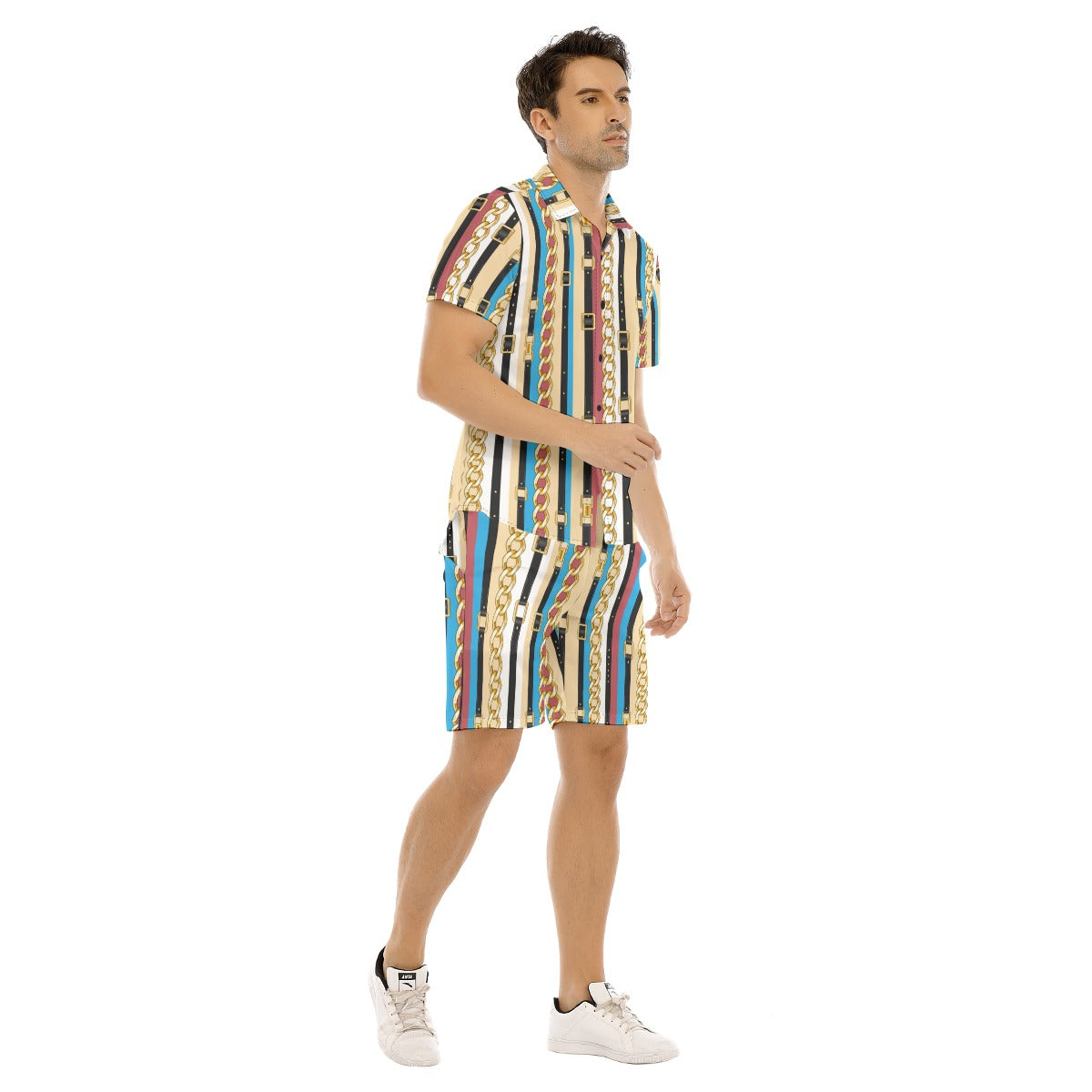 Men's Belt and Chains Short Sleeve Shirt Set