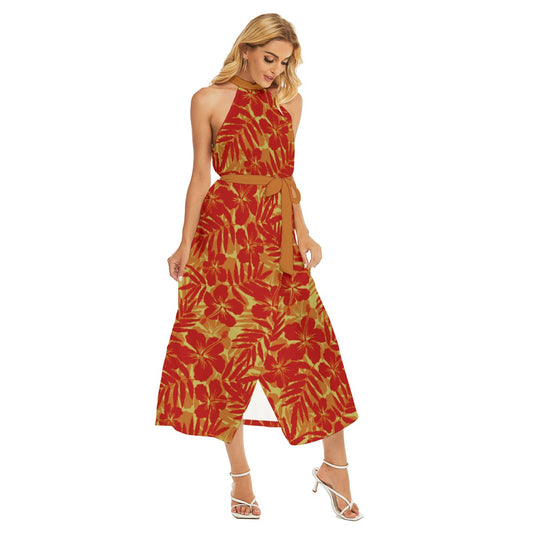 Women's Beach Vibes Wrap Hem Belted Halter Dress