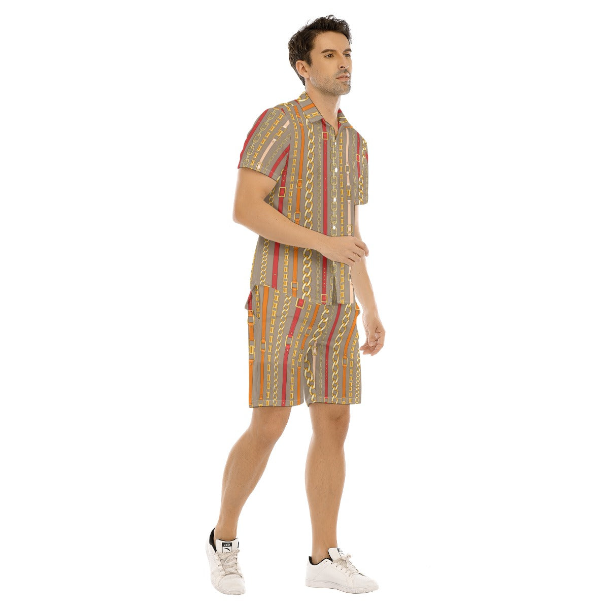 Men's Belt and Chains Short Sleeve Shirt Set