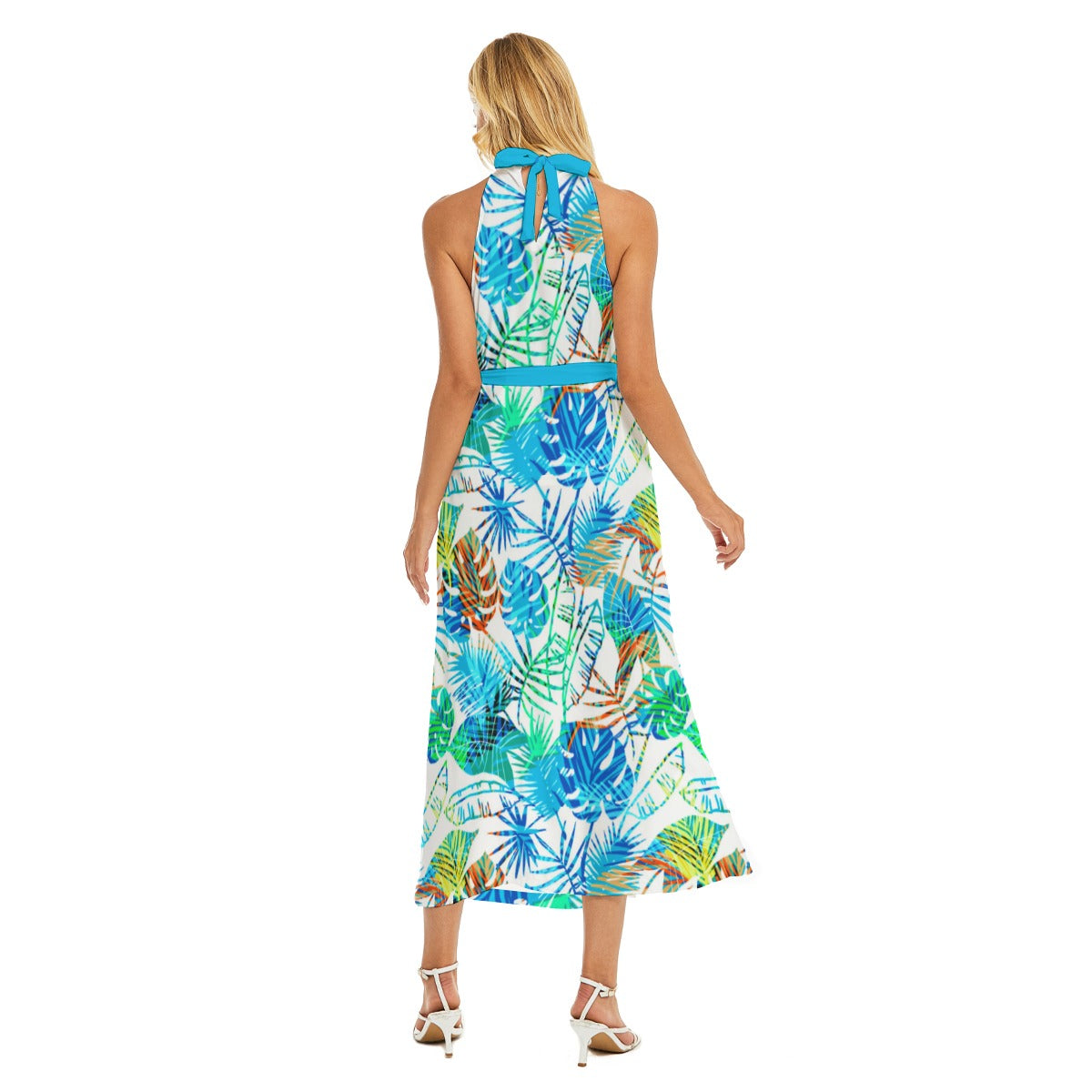 Women's Tropic Summer VIbes Wrap Hem Belted Halter Dress
