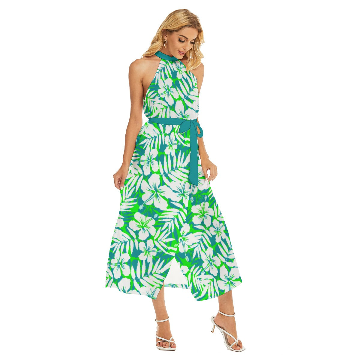 Women's Beach Vibes Wrap Hem Belted Halter Dress