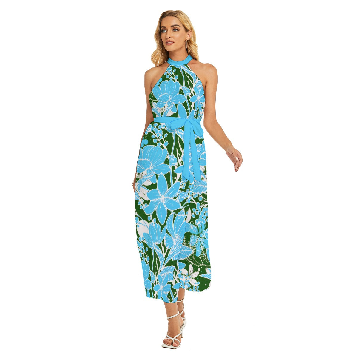 Floral Style Women's Wrap Hem Belted Halter Dress