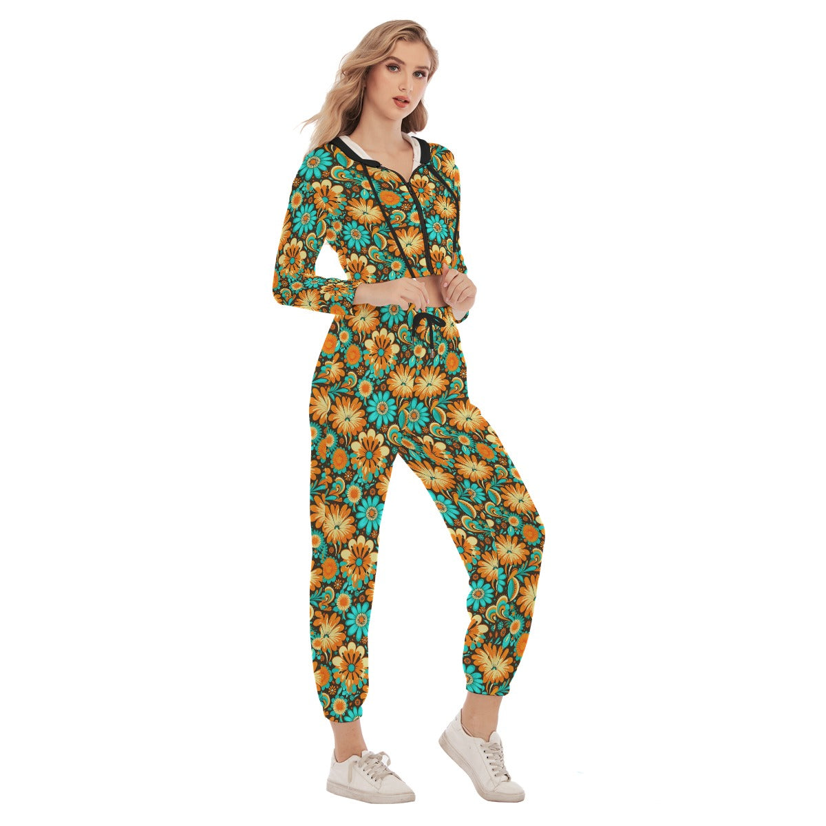 Women's Groovy Retro Crop Hoodie Sports Set