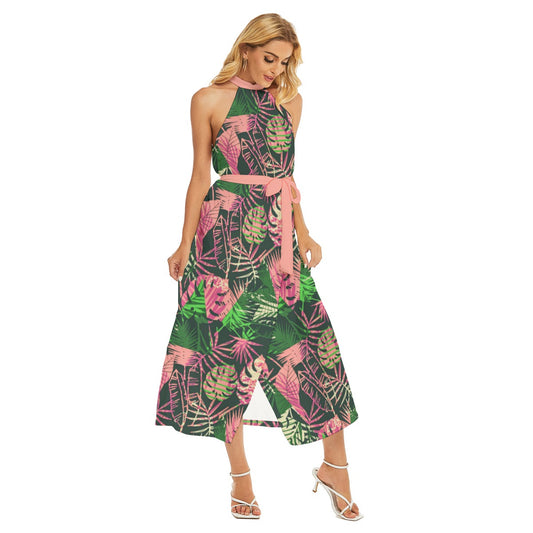 Women's Tropic Summer Vibes Wrap Hem Belted Halter Dress