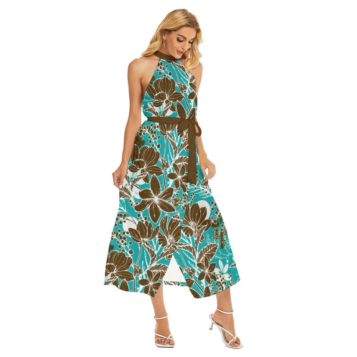 Floral Style Women's Wrap Hem Belted Halter Dress