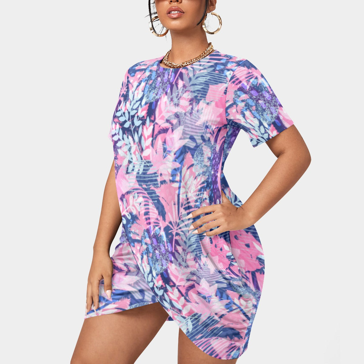 Women's Tropic Summer Vibes Stacked Hem Dress With Short Sleeve（Plus Size）