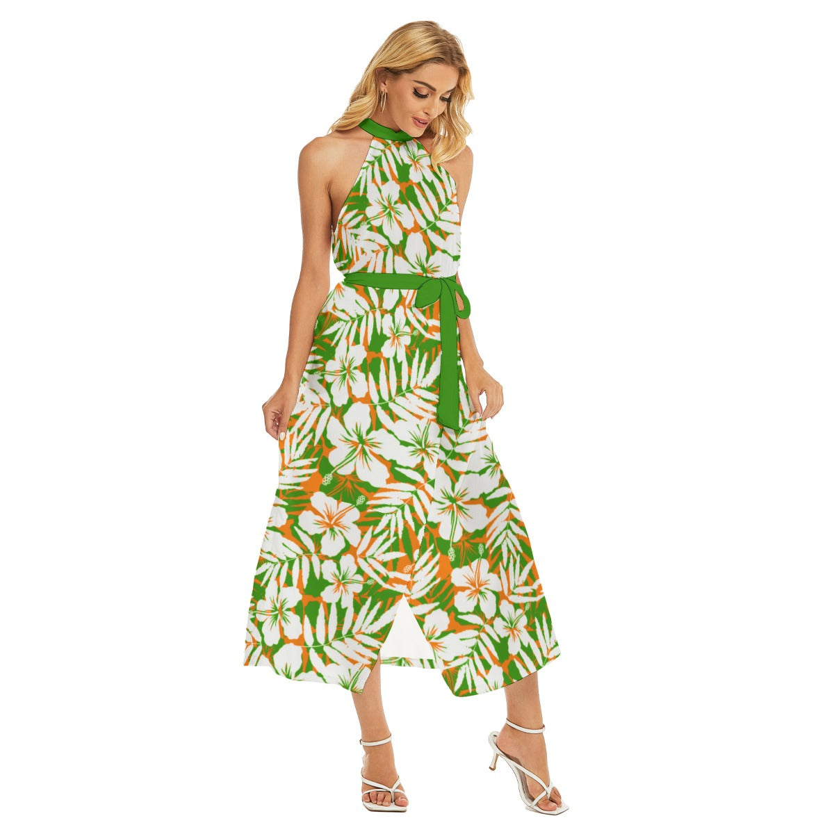 Women's Beach Vibes Wrap Hem Belted Halter Dress