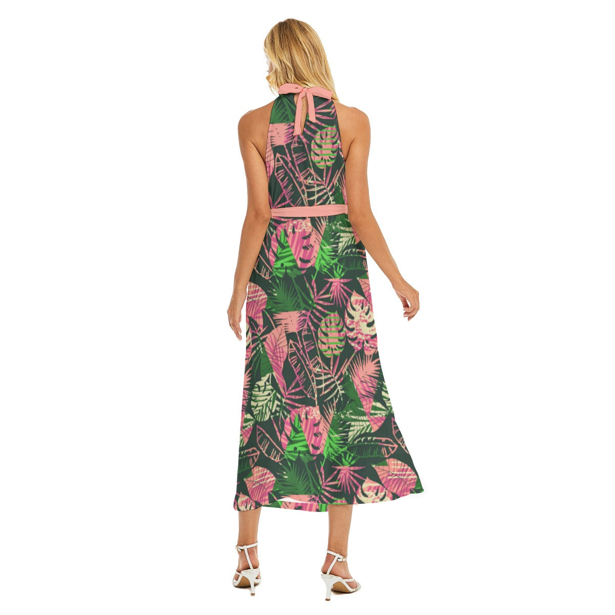 Women's Tropic Summer Vibes Wrap Hem Belted Halter Dress