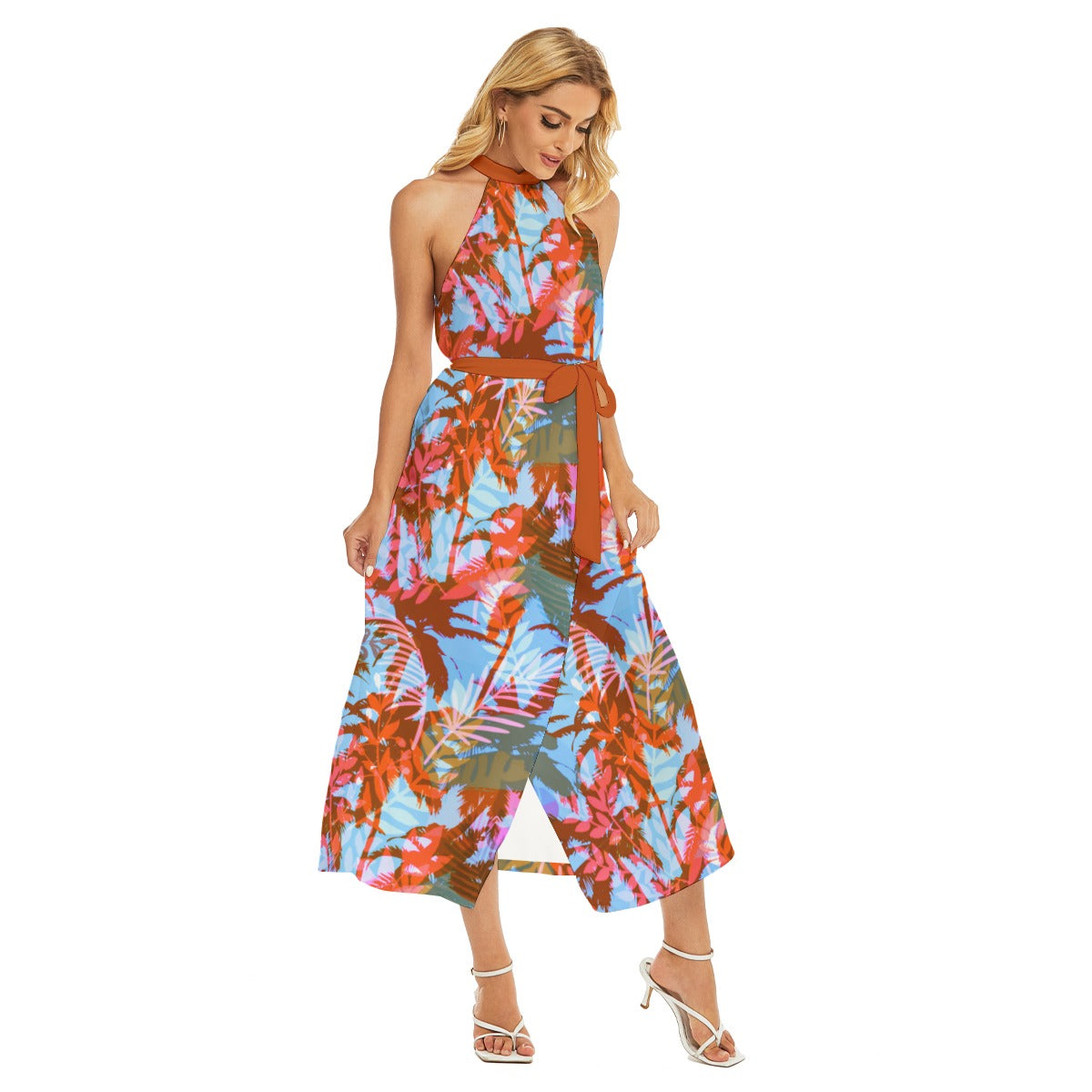 Women's Tropic Summer Vibes Wrap Hem Belted Halter Dress