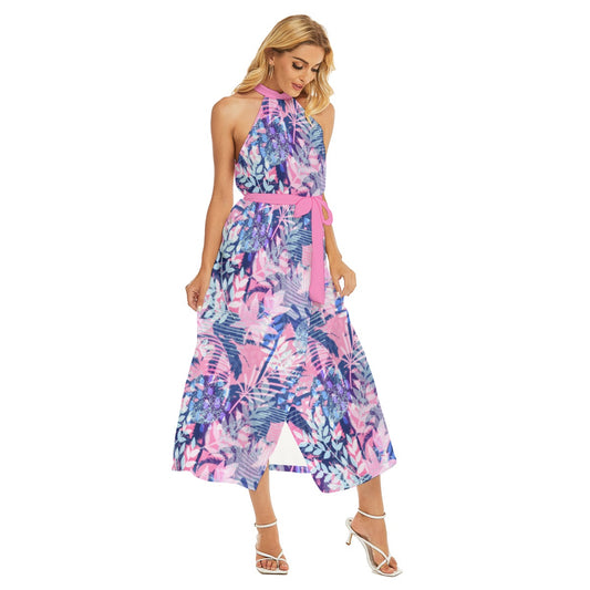 Women's Tropic Summer Vibes Wrap Hem Belted Halter Dress