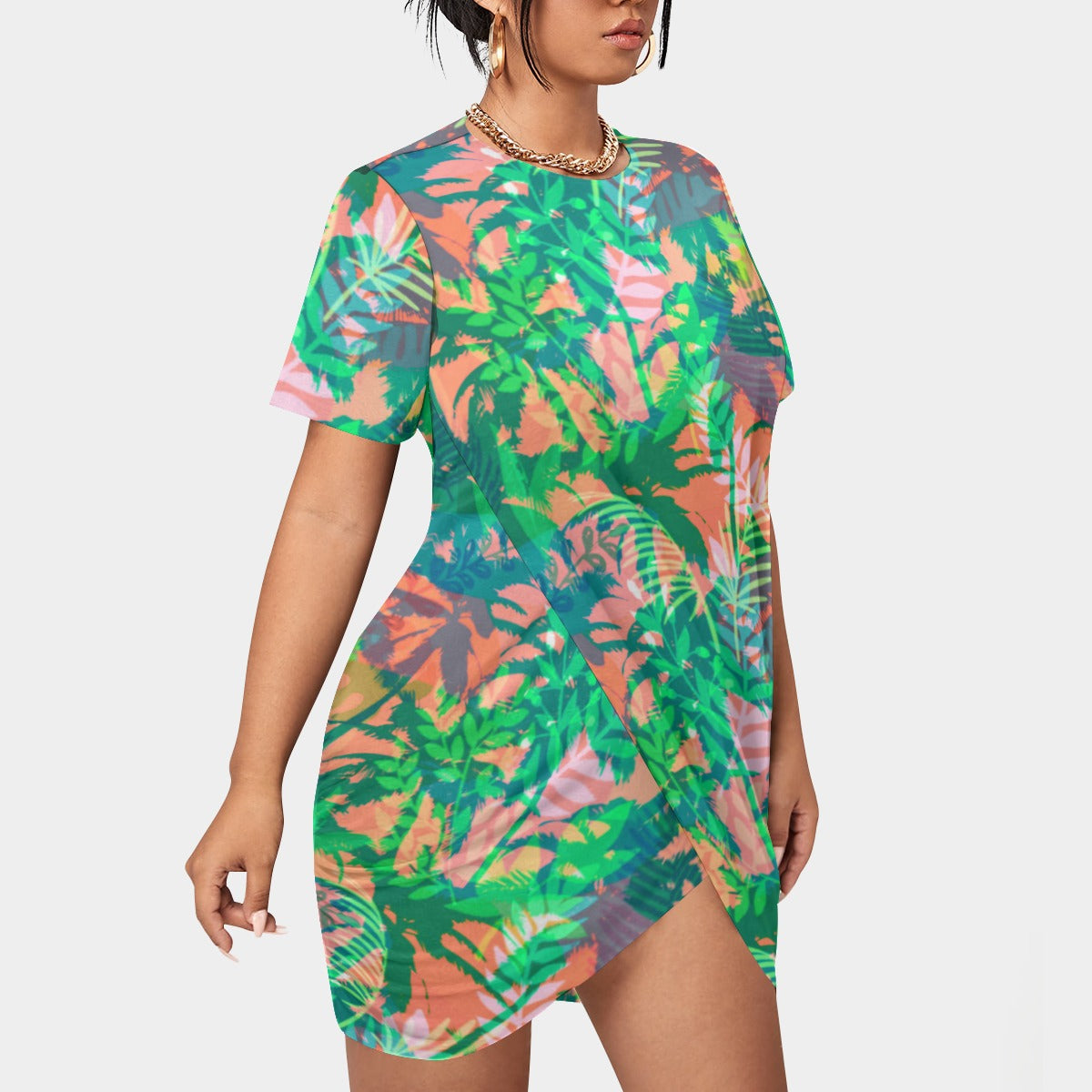 Women's Tropic Summer Vibes Stacked Hem Dress With Short Sleeve（Plus Size）