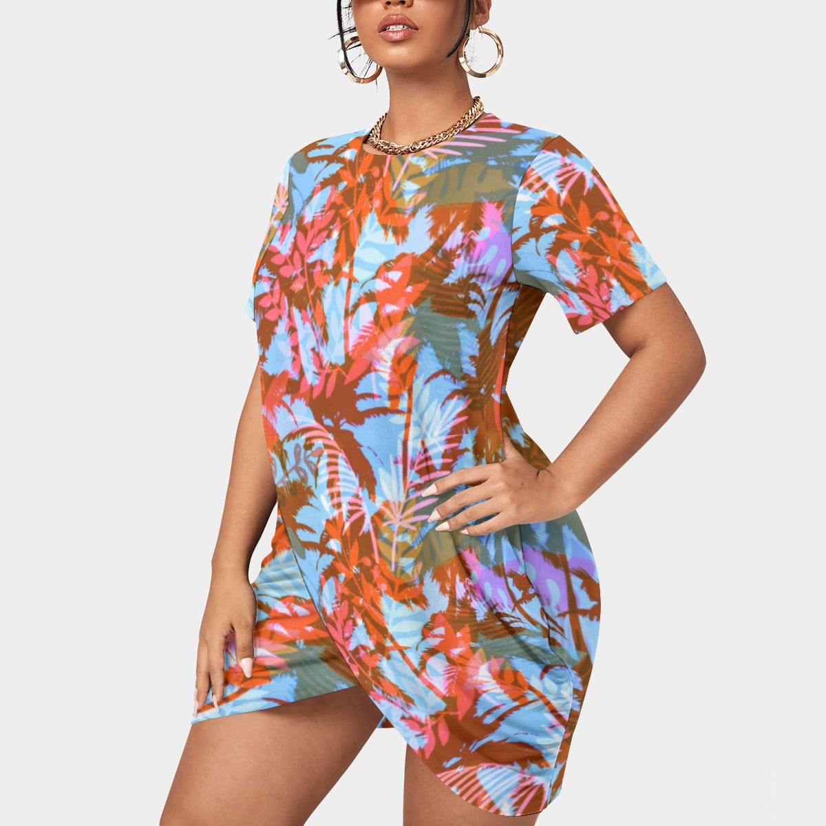 Women's Tropic Summer Vibes Stacked Hem Dress With Short Sleeve（Plus Size）