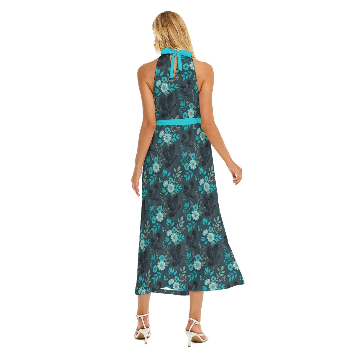Women's Cute Floral Wrap Hem Belted Halter Dress