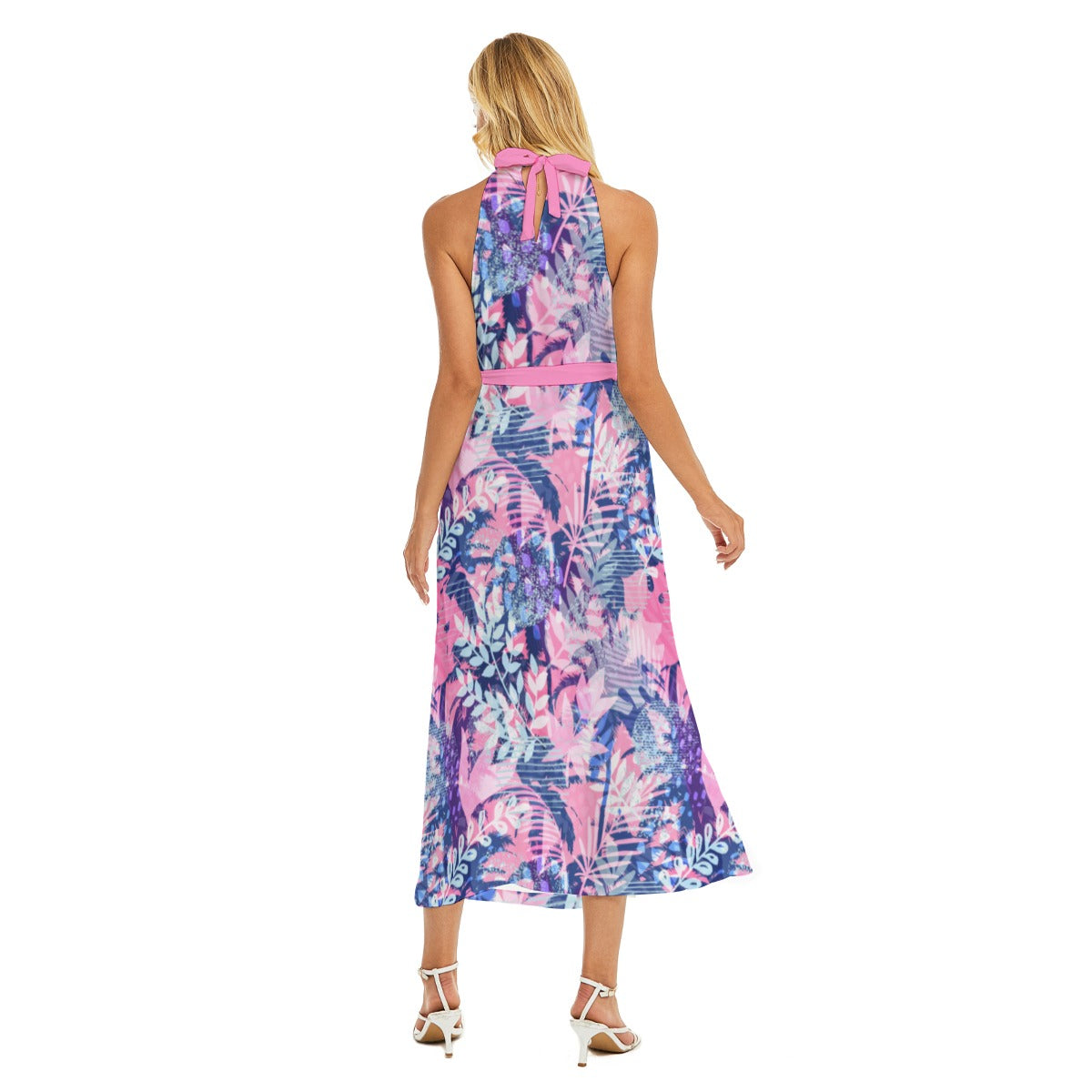 Women's Tropic Summer Vibes Wrap Hem Belted Halter Dress