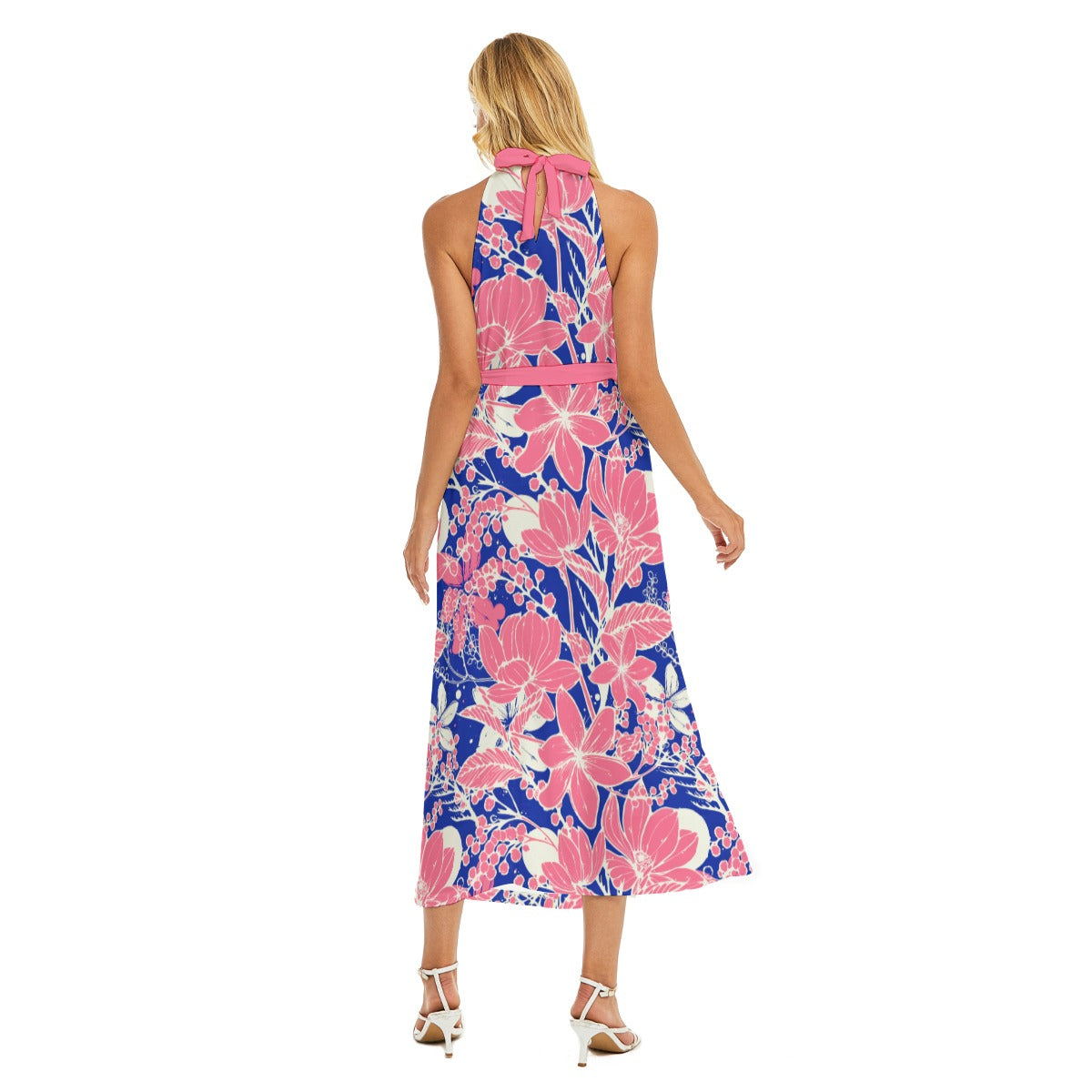 Floral Style Women's Wrap Hem Belted Halter Dress