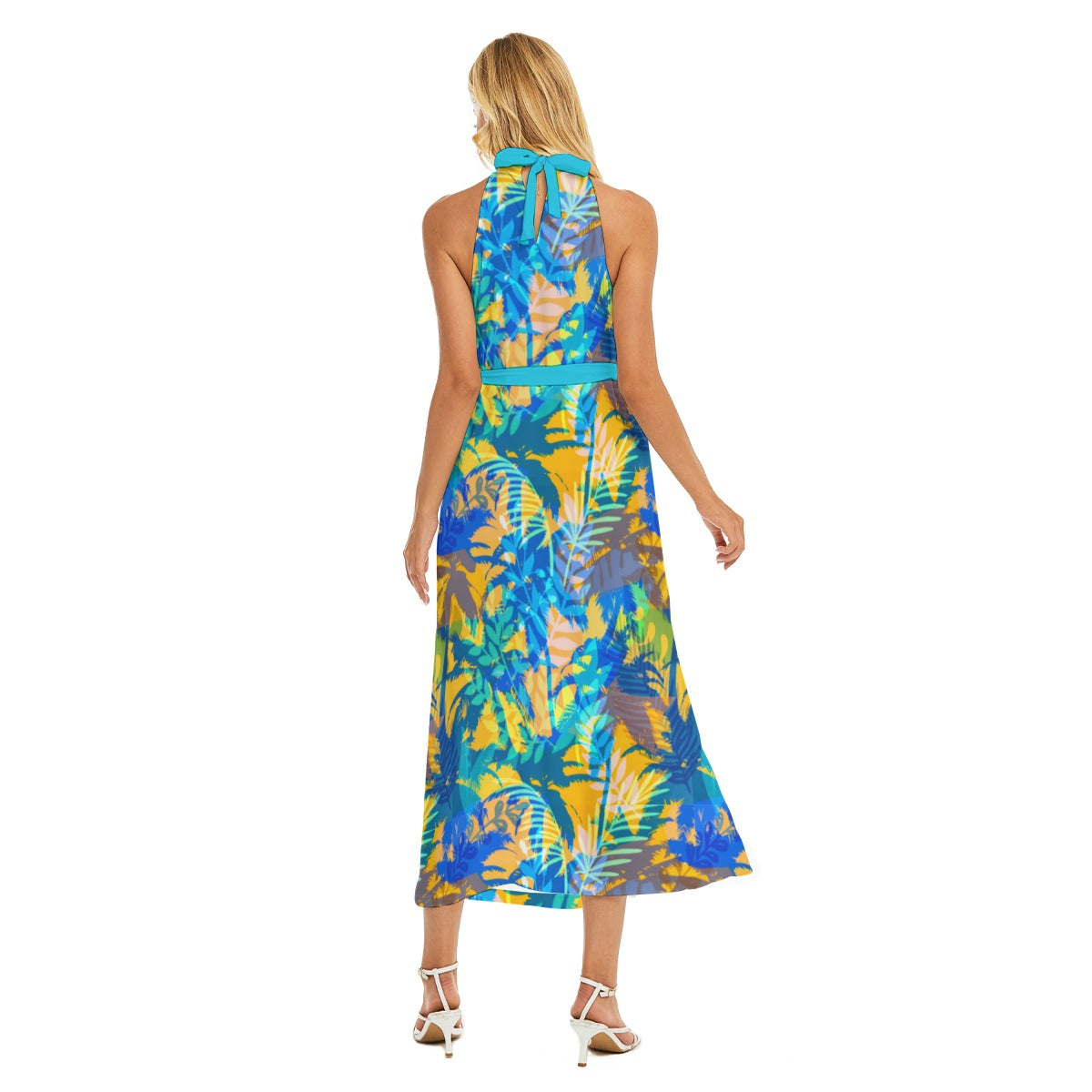 Women's Tropic Summer Vibes Wrap Hem Belted Halter Dress