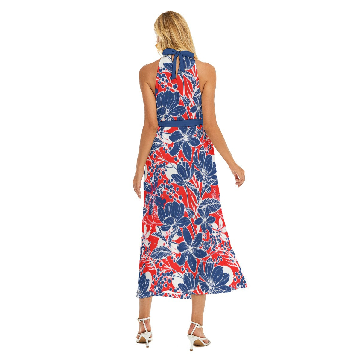 Floral Style Women's Wrap Hem Belted Halter Dress