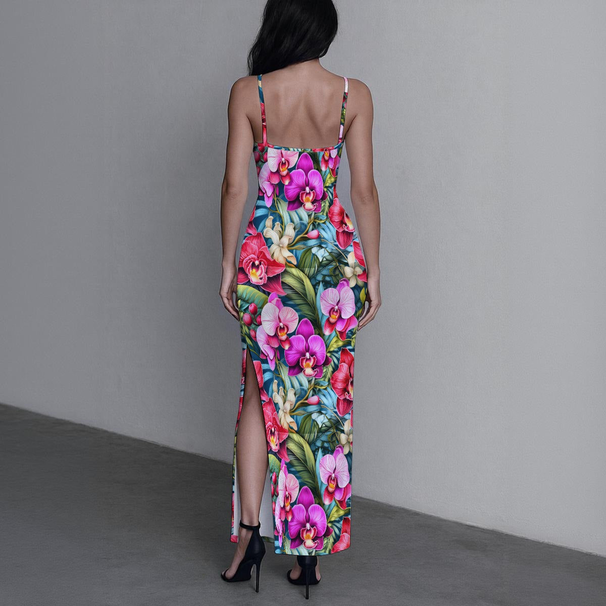 Women's Exotic Orchid Flowers Long Dress with Slit
