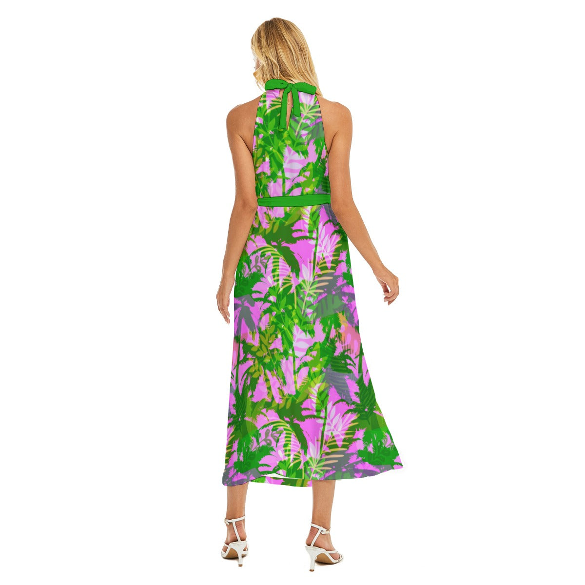 Women's Tropic Summer Vibes Wrap Hem Belted Halter Dress