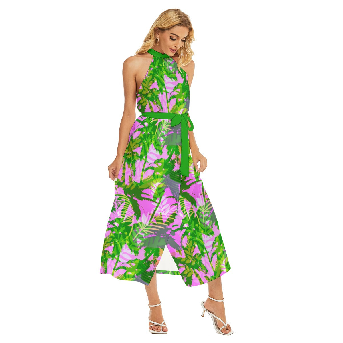 Women's Tropic Summer Vibes Wrap Hem Belted Halter Dress