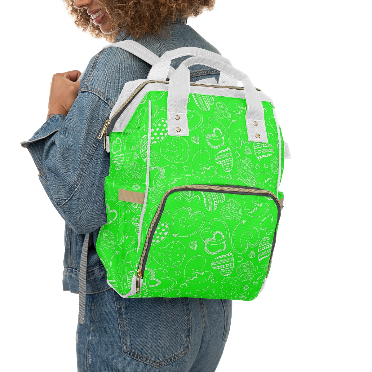 Green With White Doodle Hearts Multifunctional Backpack