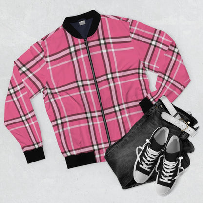 Pink & Black Plaid Bomber Jacket