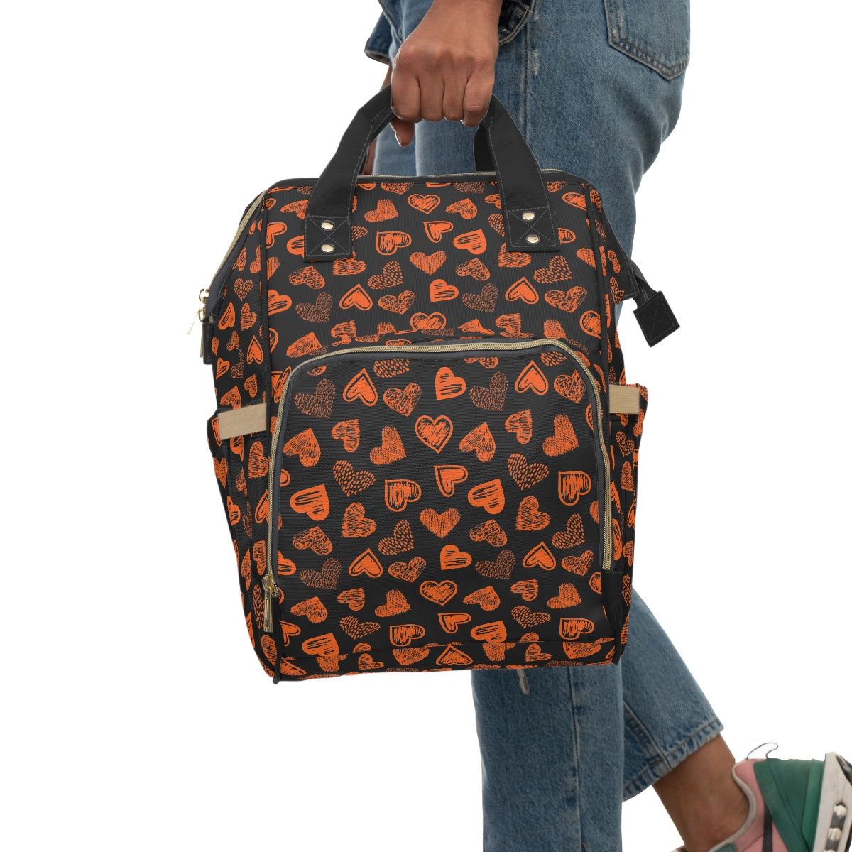 Black With Orange Doodle Hearts Multifunctional Backpack