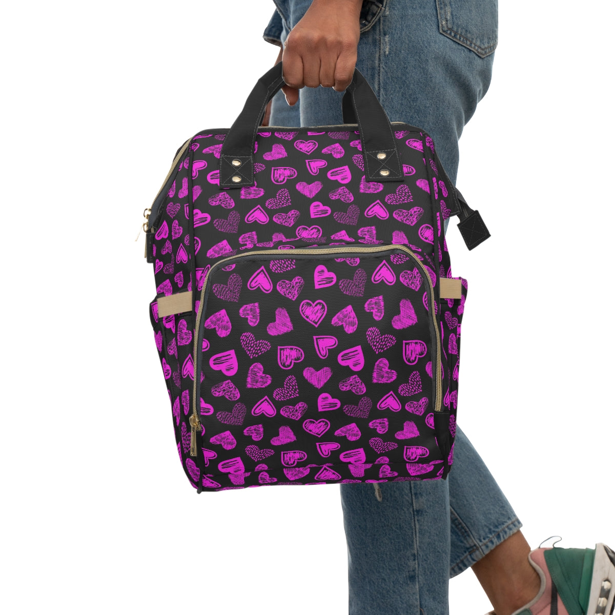 Black With Purple Doodle Hearts Multifunctional Backpack