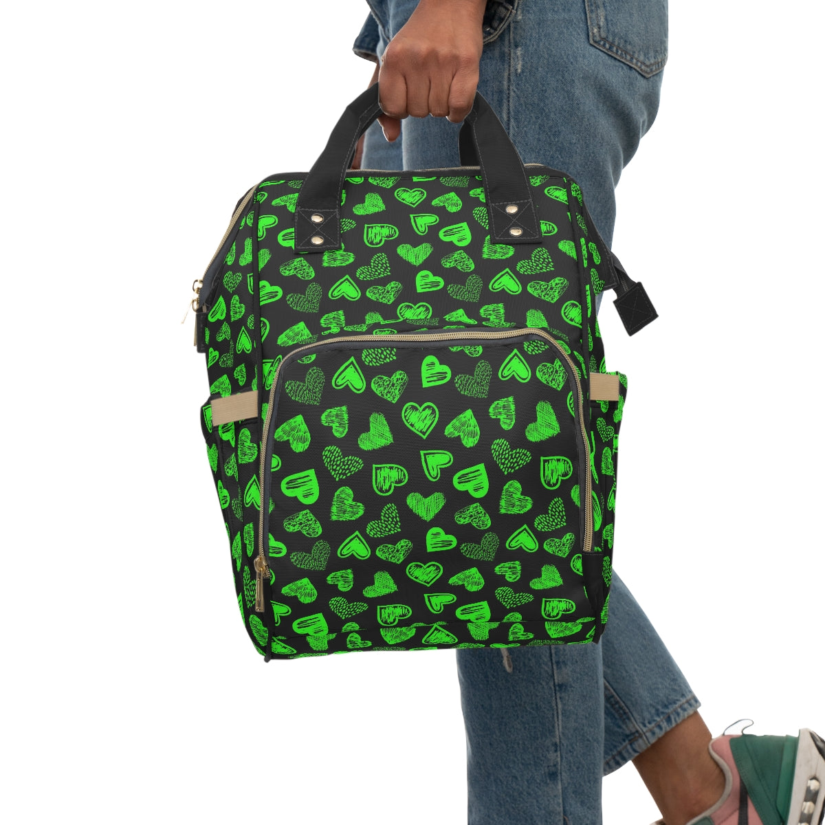 Black With Green Doodle Hearts Multifunctional Backpack