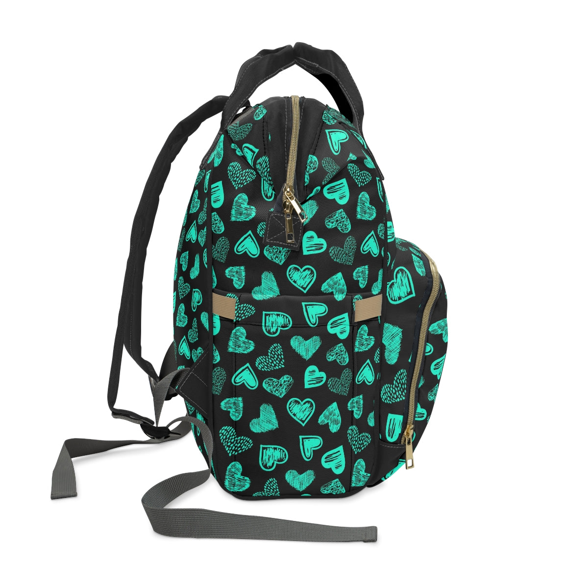 Black With Teal Doodle Hearts Multifunctional Backpack