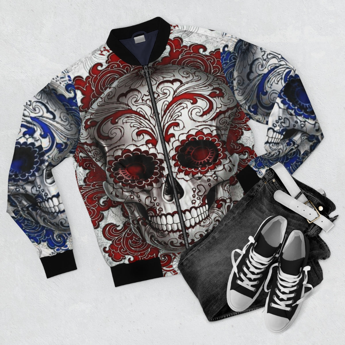 Red & Blue Sugar Skull Bomber Jacket