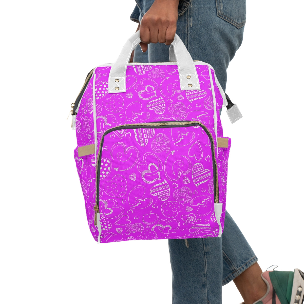 Purple With White Doodle Hearts Multifunctional Backpack