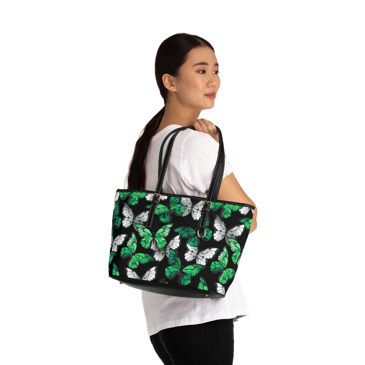 Green With White Butterflies PU Leather Shoulder Bag