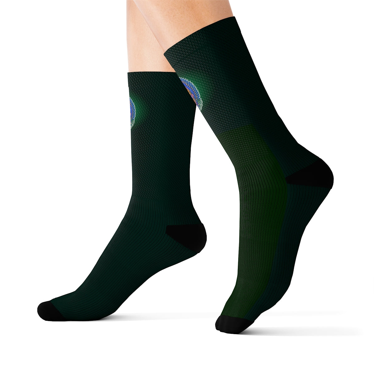 Dark Green & Golden Alien Aztec Indian Crew Socks