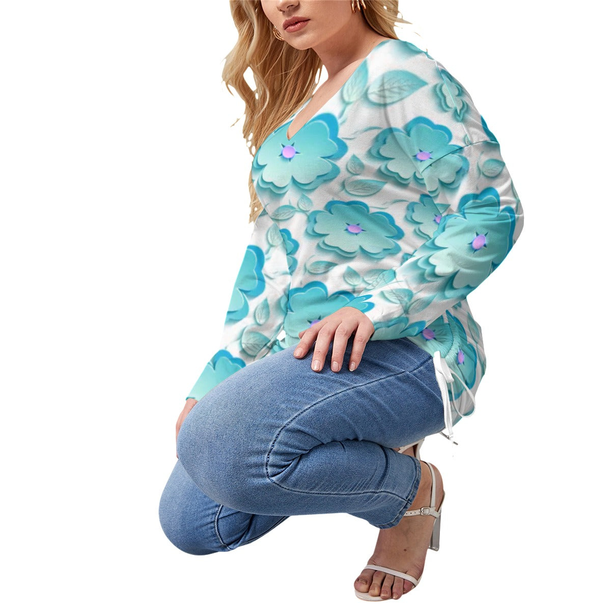 Light Blue Sakura Flowers & Leaves Women’s V-neck T-shirt With Side Drawstring(Plus Size)